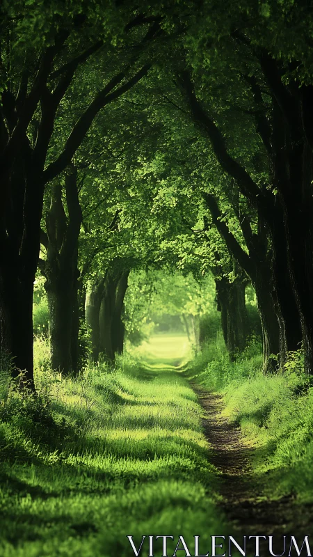 Tree-Lined Path Through Summer Green Tunnel.