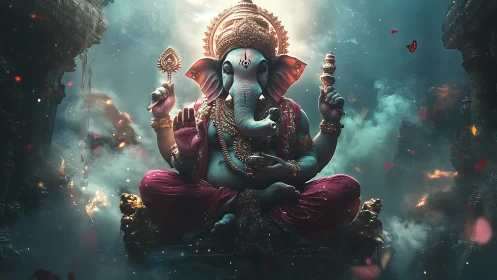 Radiant elephant-headed deity rests in soft mystical light
