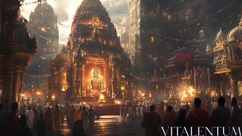 Golden Buddha shrine amid vast ceremonial night temple.