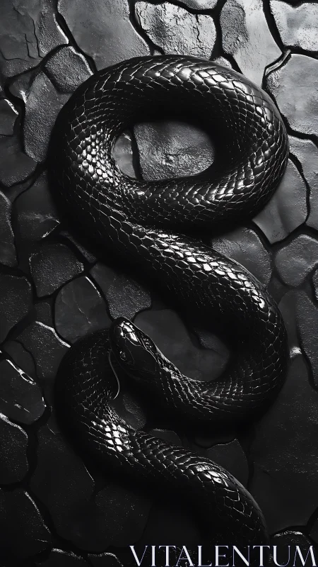 Coiled black serpent rendered with high-gloss photoreal contrast