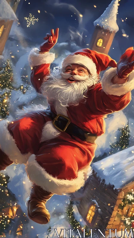 Santa figure is depicted midair above a snow-covered town