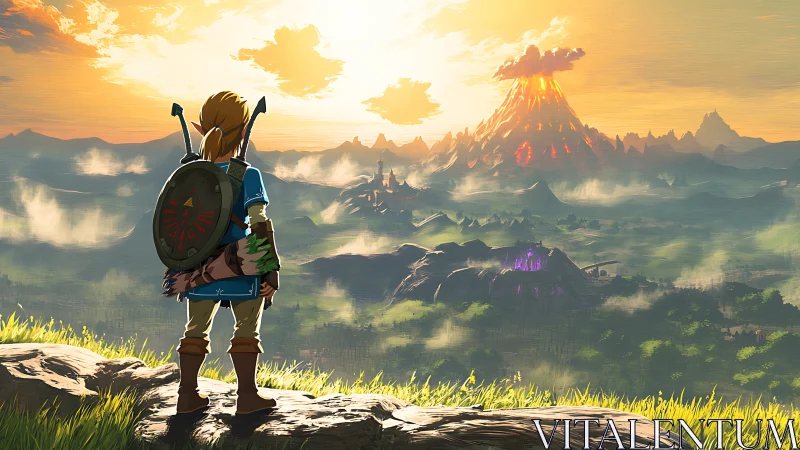 Armored adventurer surveying volcanic fantasy landscape vista.