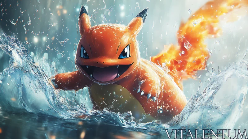 Fiery creature splashing through a storm of bright water.