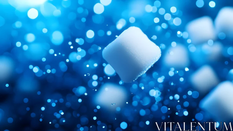 Sugar cubes drift through electric blue bokeh constellations.
