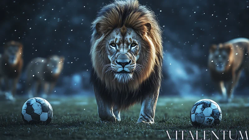 Lion on a field with soccer balls in a dramatic night scene.