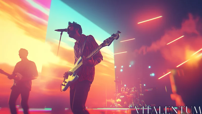 Indie rock trio under neon gradients on immersive concert stage.