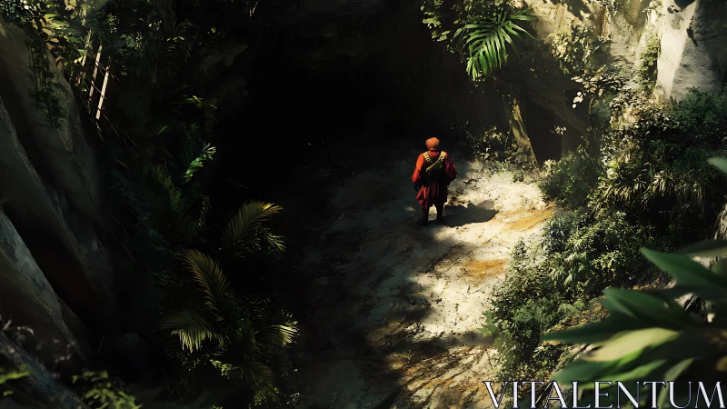 Solitary explorer in stratified jungle shaft illumination.