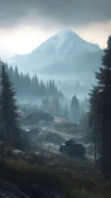 Armored vehicle moves toward remote logging camp in mist