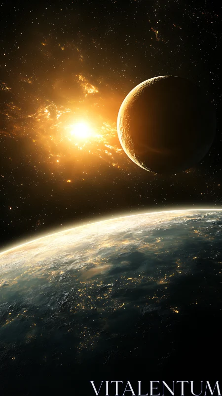 Planet sunrise over horizon with glowing starfield backdrop.