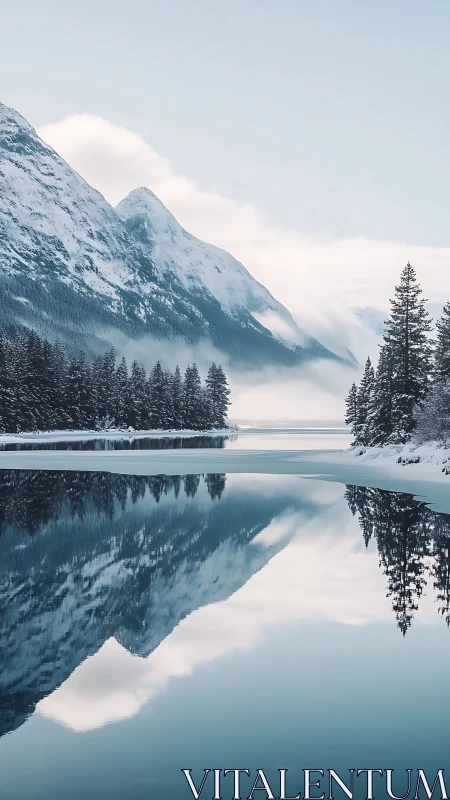 Snow-covered mountains reflect clearly in calm winter lake