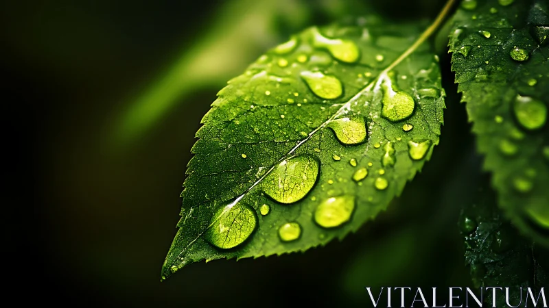 Morning raindrops resting gently on a vivid green leaf.