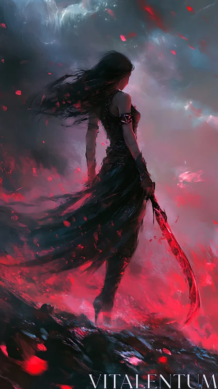 Digital painting of crimson reaper warrior in storm-lit abyss.