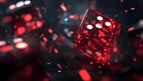 Shimmering Red Dice in Motion, Dramatic Digital Art Style.