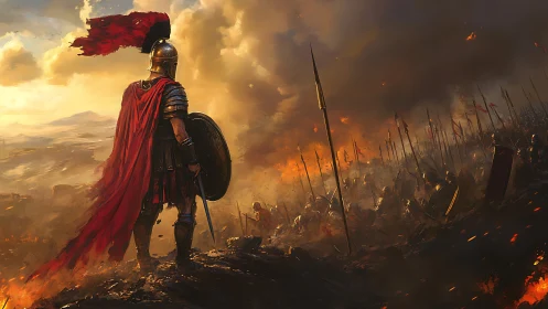 Lone warrior in crimson cape overlooks blazing battlefield.