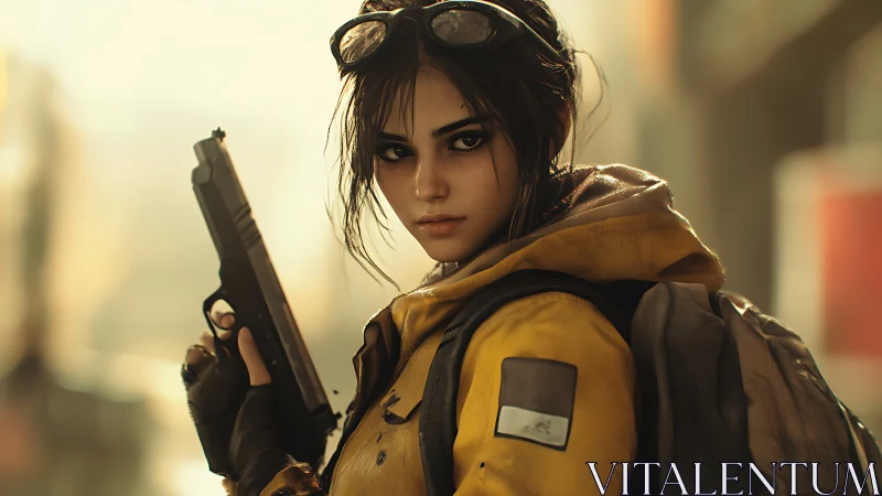 Tactical heroine in yellow jacket with sidearm, cinematic portrait.