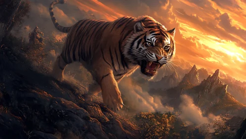 Roaring tiger strides through fiery sunset mountain landscape.