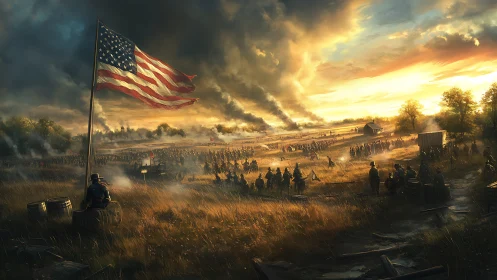 Union army encampment under large American flag at dusk.