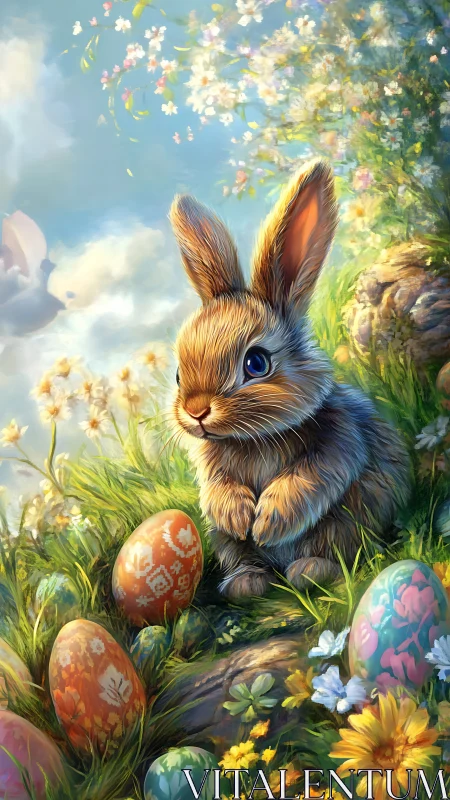 Springlit bunny guardian among painted meadow eggs.