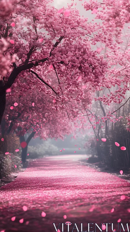 Linear cherry blossom canopy with receding petal-covered pathway