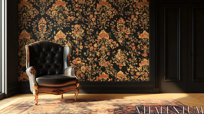 Baroque leather armchair against high-contrast floral damask wall