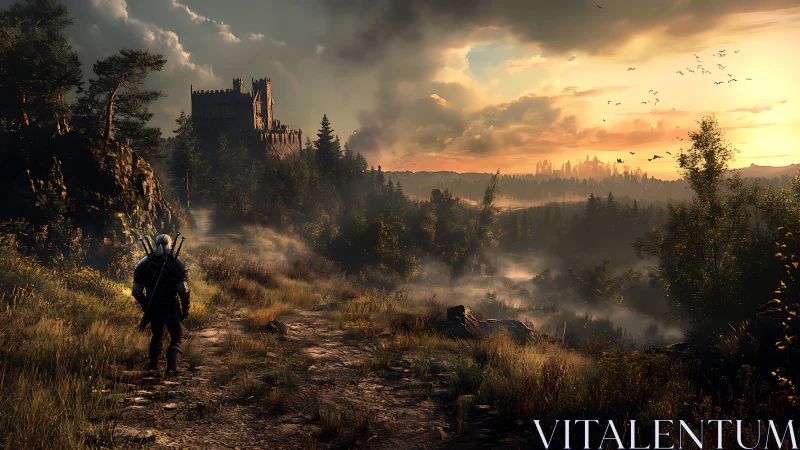 Lone warrior walks toward a misty castle at burning dusk