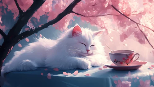 White Cat Under Cherry Blossom Tree with Teacup