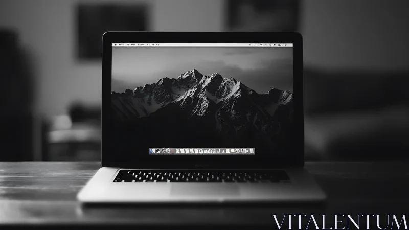 Laptop displays monochrome mountain range desktop wallpaper