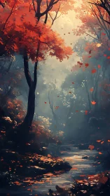 Autumn Forest Stream with Glowing Golden Light.