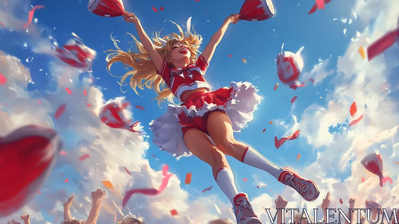 Cheerleader lifted above crowd with sky and confetti scene.