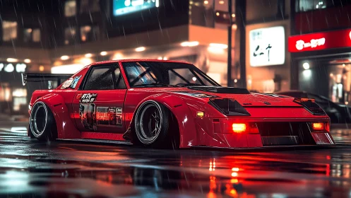 Retro widebody drift car in neon rain-soaked city street.
