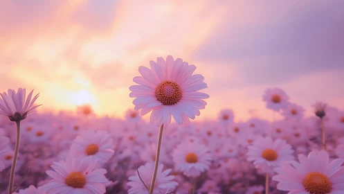Pink Daisy Field at Sunset with Golden Hour Light.