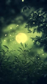 Enchanted moonlit forest glows softly with wandering fireflies