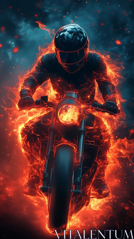 Flaming motorcycle rider engulfed in dynamic inferno glow.