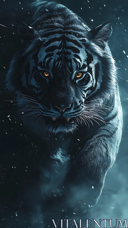 Nocturnal tiger advances through snow in dramatic blue lighting
