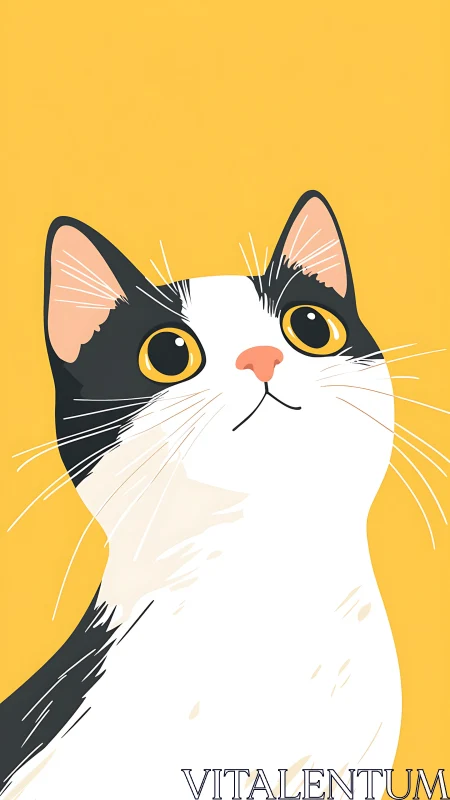 Bold Black and White Cat with Golden Eyes Against Sunny Yellow.