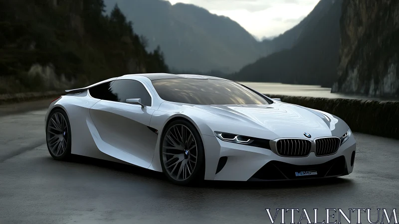 Futuristic white BMW concept coupe on wet mountain highway.