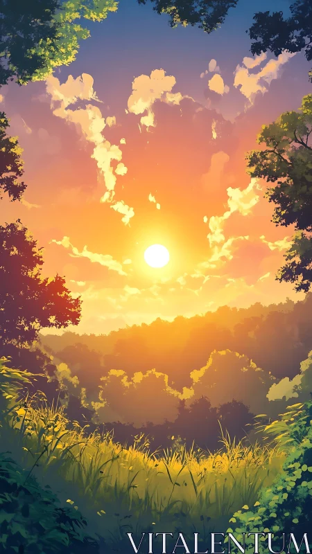 Sunset over forest clearing with glowing grass and clouds.