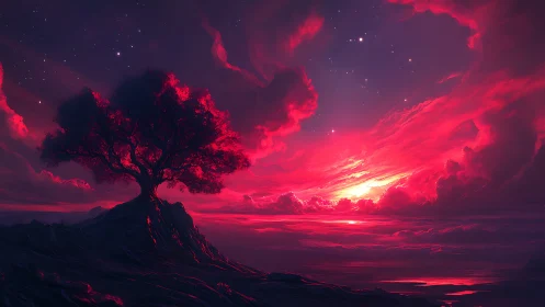 Lonely hilltop tree under a glowing pink cosmic sunset.