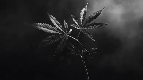Monochrome cannabis leaves in dramatic low key lighting.