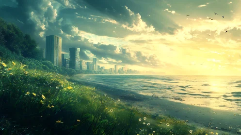 Sunlit coastal city skyline borders dense green shoreline