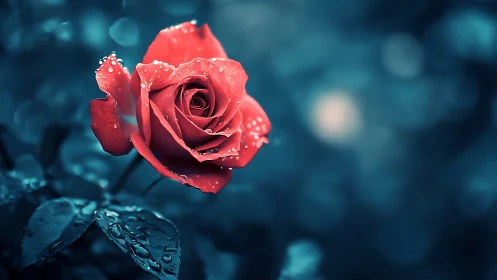 Red Rose with Water Droplets Against Teal Background.