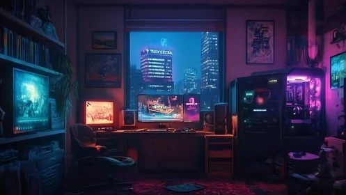 Neon-lit gamer setup overlooks futuristic cyberpunk cityscape.