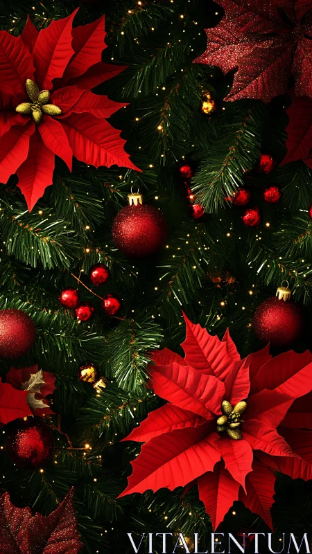 Scarlet poinsettia constellations in evergreen holiday glow.