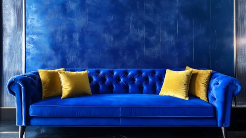 Cobalt velvet sofa glows against inky blue wall and gold pillows.