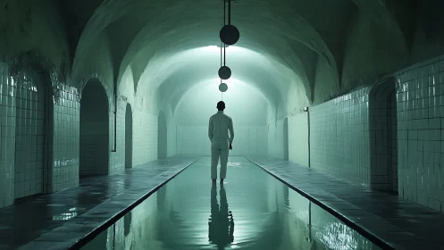 Solitary figure haunts a luminous tiled underground pool.