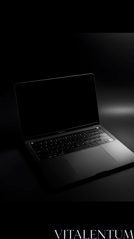 Open laptop computer on dark reflective studio surface.