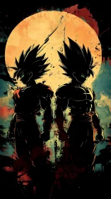 Silhouetted spiky haired warriors before textured moon disk.