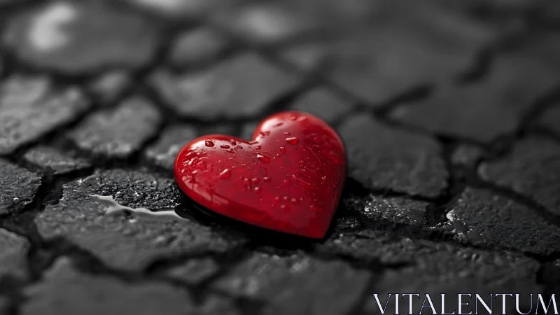 Red heart-shaped object rests on cracked dark surface texture.