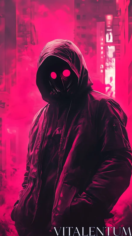 Hooded masked figure in neon pink urban environment.