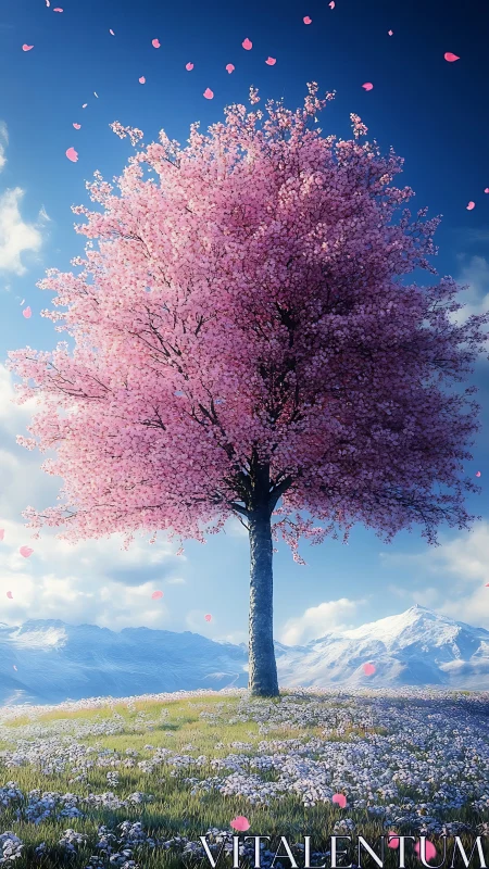 Solitary cherry tree in bloom above alpine wildflower field.